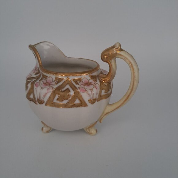 Nippon Hand-Painted Floral Cream Pitcher Gold Trim Porcelain Footed Vintage - Picture 6 of 10